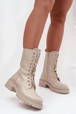 Damskie Boto Botki Workery Damskie Z Przypinkami Miś Serce Beżowe Iravine