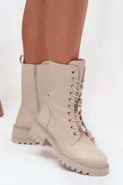 Damskie Boto Botki Workery Damskie Z Przypinkami Miś Serce Beżowe Iravine