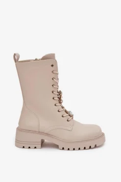 Damskie Boto Botki Workery Damskie Z Przypinkami Miś Serce Beżowe Iravine