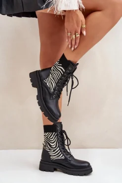 Damskie Boto Botki Workery Damskie Ze Skarpetą Zebra Czarne Raviri