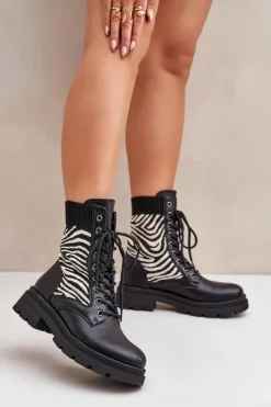 Damskie Boto Botki Workery Damskie Ze Skarpetą Zebra Czarne Raviri