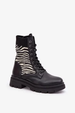 Damskie Boto Botki Workery Damskie Ze Skarpetą Zebra Czarne Raviri
