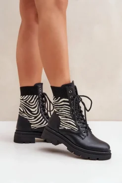 Damskie Boto Botki Workery Damskie Ze Skarpetą Zebra Czarne Raviri