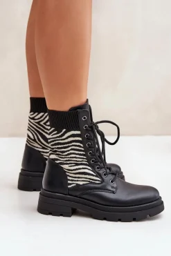 Damskie Boto Botki Workery Damskie Ze Skarpetą Zebra Czarne Raviri