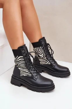Damskie Boto Botki Workery Damskie Ze Skarpetą Zebra Czarne Raviri