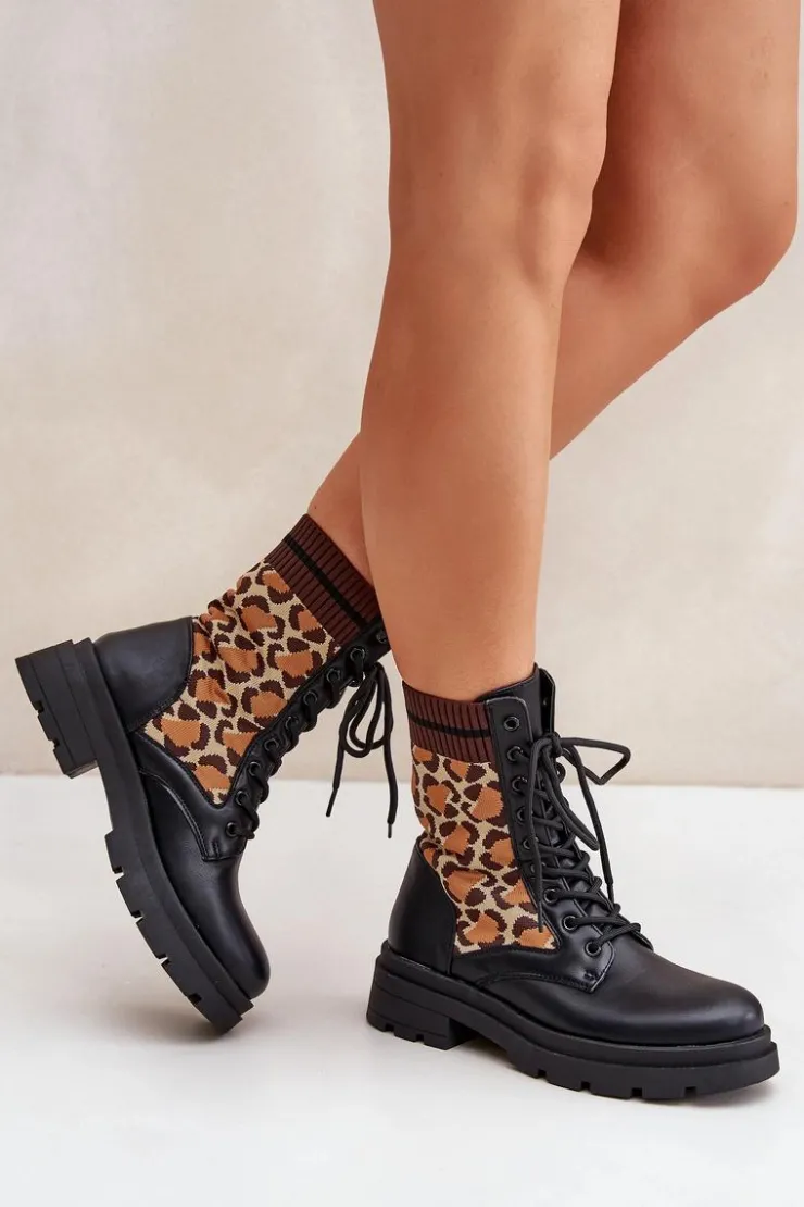 Sale Boto Botki Workery Damskie Ze Skarpetą W Panterkę Czarne Penthis Czarny