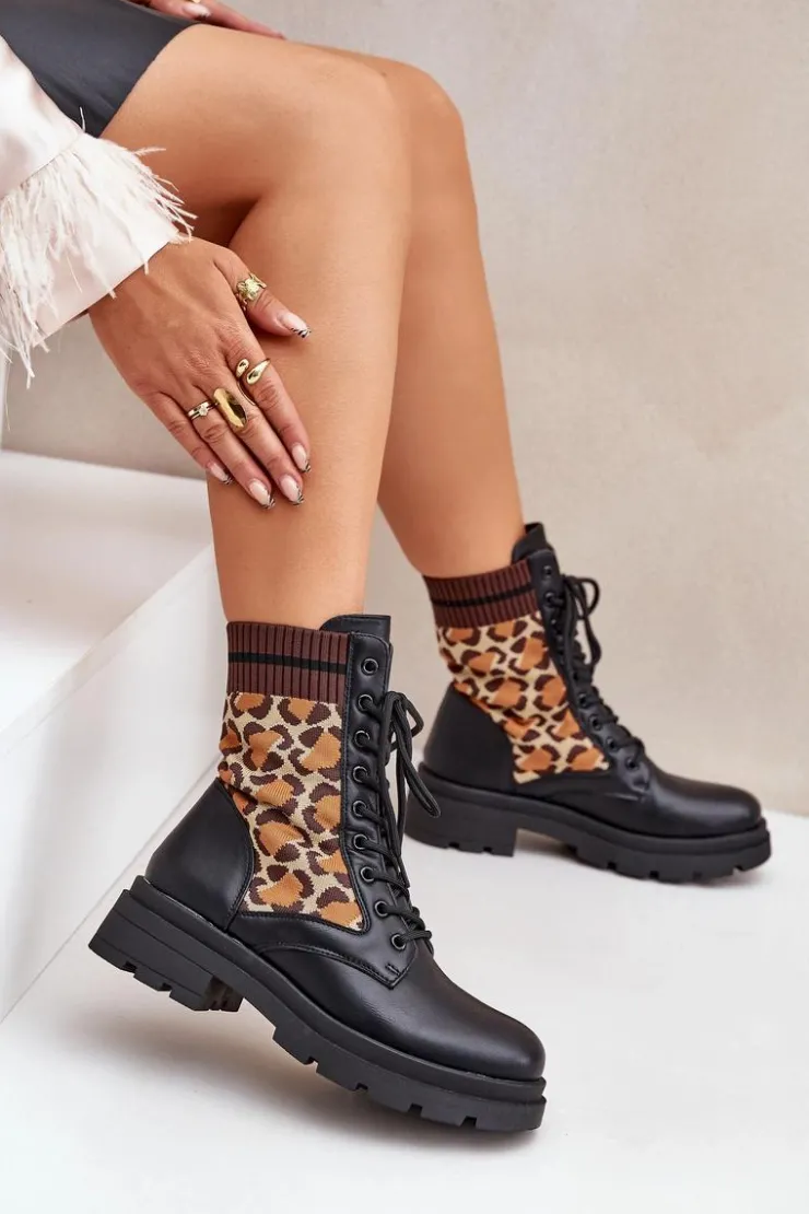 Sale Boto Botki Workery Damskie Ze Skarpetą W Panterkę Czarne Penthis Czarny