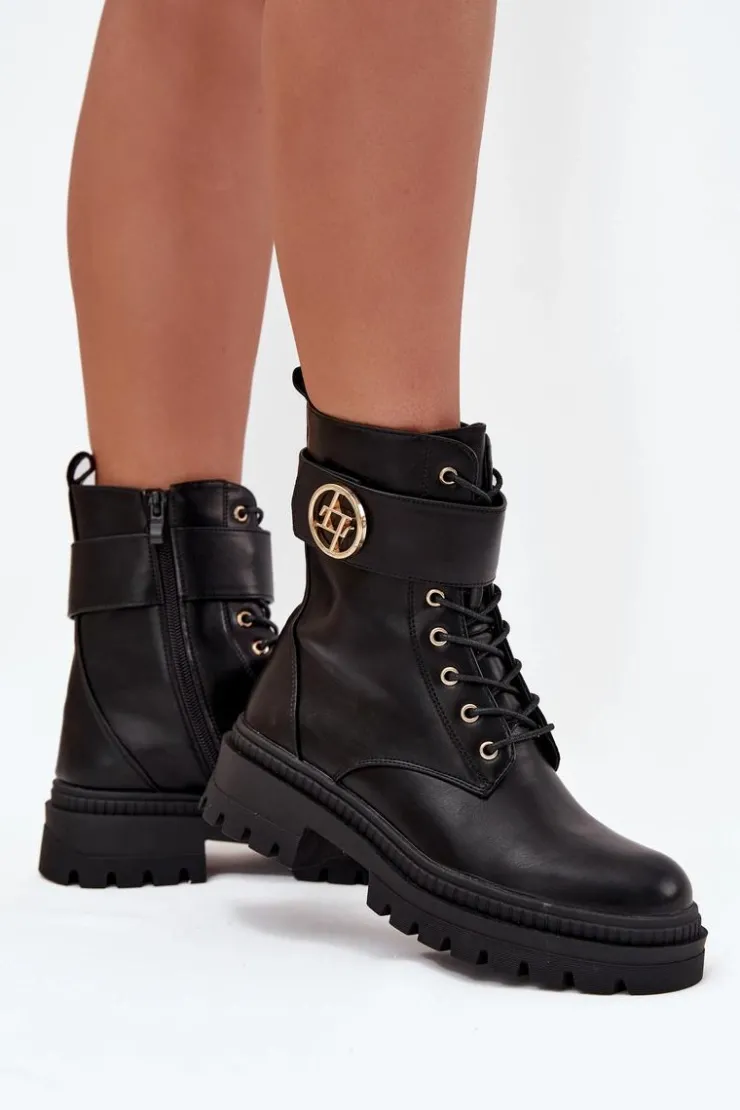 Online Boto Botki Workery Damskie Ze Złotym Detalem Ocieplane Czarne Fiorena Czarny