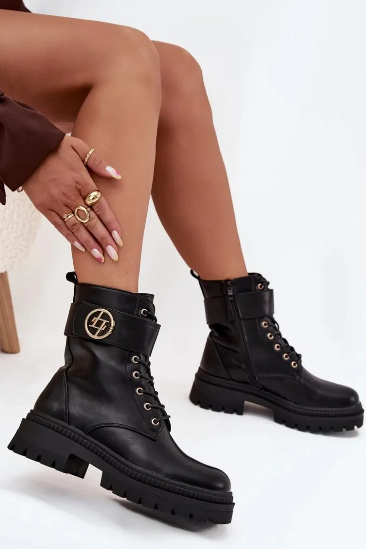 Online Boto Botki Workery Damskie Ze Złotym Detalem Ocieplane Czarne Fiorena Czarny