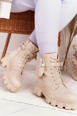 Boto Damskie Trapery|Botki Sznurowane*Botki Workery Na Platformie z Nerką Beżowe Saturday
