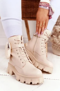 Boto Damskie Trapery|Botki Sznurowane*Botki Workery Na Platformie z Nerką Beżowe Saturday