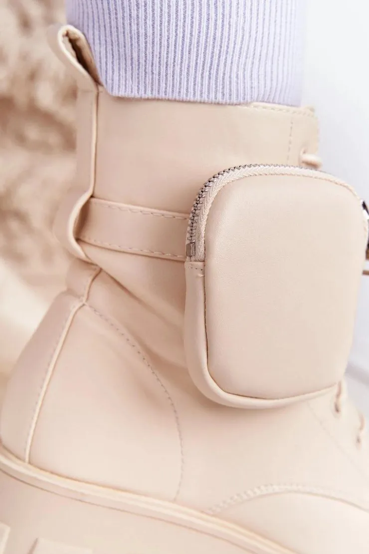 Boto Damskie Trapery|Botki Sznurowane*Botki Workery Na Platformie z Nerką Beżowe Saturday