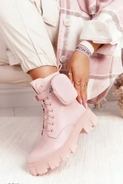 Boto Botki Wiosenne|Damskie Trapery*Botki Workery Na Platformie z Nerką Różowe Saturday