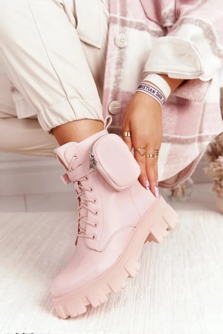 Boto Botki Wiosenne|Damskie Trapery*Botki Workery Na Platformie z Nerką Różowe Saturday