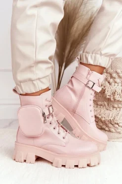 Boto Botki Wiosenne|Damskie Trapery*Botki Workery Na Platformie z Nerką Różowe Saturday