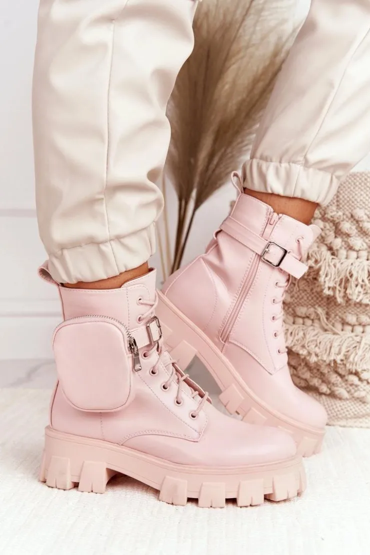 Boto Botki Wiosenne|Damskie Trapery*Botki Workery Na Platformie z Nerką Różowe Saturday