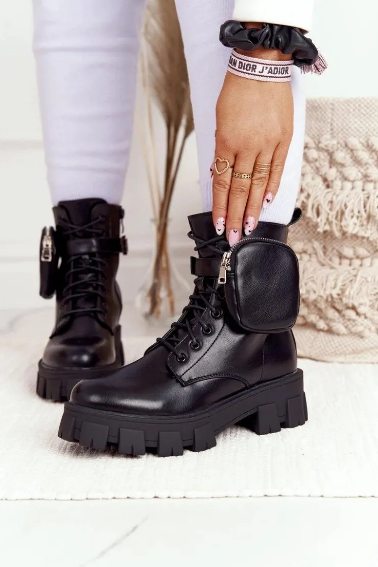 Boto Botki Wiosenne|Damskie Trapery*Botki Workery Na Platformie z Nerką Czarne Saturday