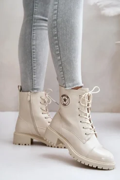 Damskie Boto Botki Workery Na Zamek Ocieplane Beżowe Soratta