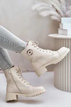 Damskie Boto Botki Workery Na Zamek Ocieplane Beżowe Soratta