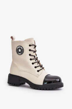 Boto Botki Sznurowane|Botki Płaskie*Botki Workery Na Zamek Ocieplane Beżowo-Czarne Soratta