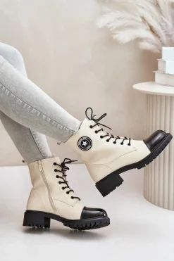 Boto Botki Sznurowane|Botki Płaskie*Botki Workery Na Zamek Ocieplane Beżowo-Czarne Soratta