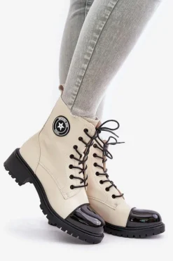 Boto Botki Sznurowane|Botki Płaskie*Botki Workery Na Zamek Ocieplane Beżowo-Czarne Soratta