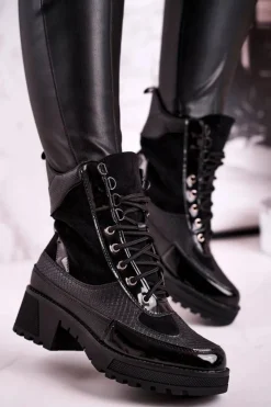 Boto Botki Sznurowane|Czarne Botki*Botki Workery Ocieplane Czarne Print Zwierzęcy Helena