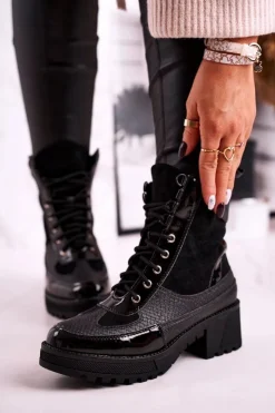 Boto Botki Sznurowane|Czarne Botki*Botki Workery Ocieplane Czarne Print Zwierzęcy Helena