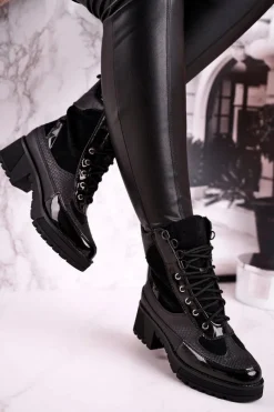 Boto Botki Sznurowane|Czarne Botki*Botki Workery Ocieplane Czarne Print Zwierzęcy Helena