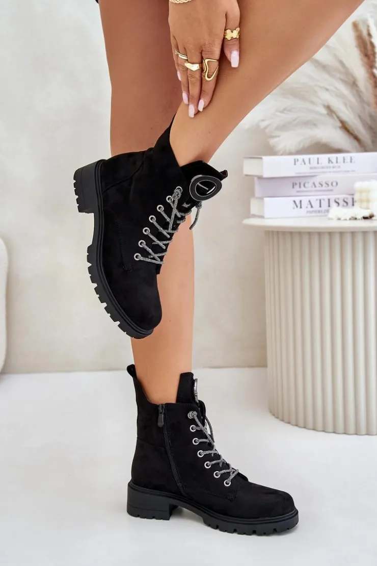 Buty damskie Vinceza Botki Ocieplane|Botki Sznurowane*Botki Workery Ocieplane Z Ozdobnym Sznurowaniem Vinceza 16465 Czarne