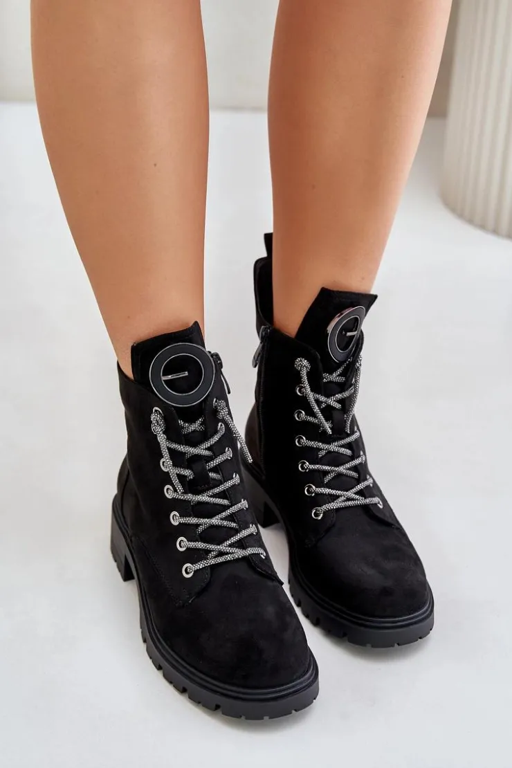 Buty damskie Vinceza Botki Ocieplane|Botki Sznurowane*Botki Workery Ocieplane Z Ozdobnym Sznurowaniem Vinceza 16465 Czarne