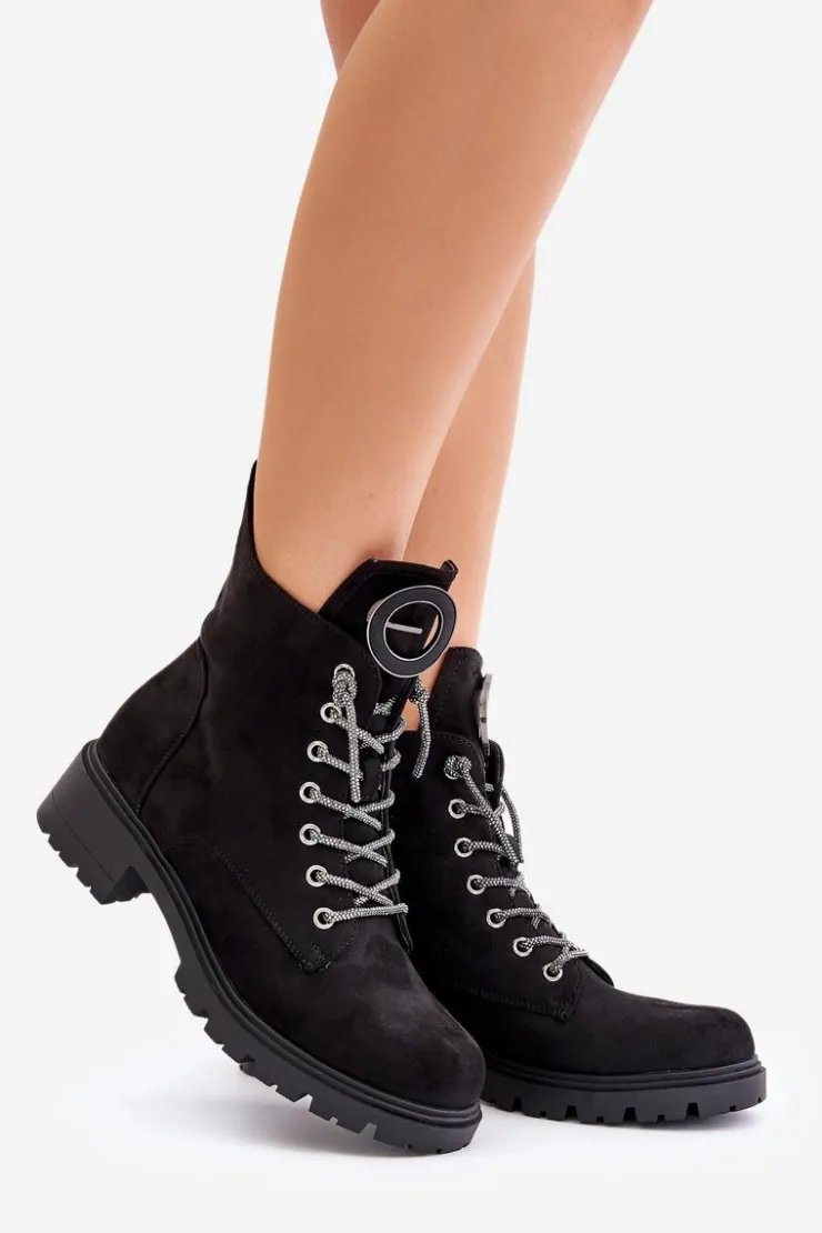 Buty damskie Vinceza Botki Ocieplane|Botki Sznurowane*Botki Workery Ocieplane Z Ozdobnym Sznurowaniem Vinceza 16465 Czarne