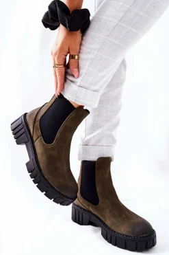 Buty Sergio Leone Czarne Botki|Botki Zimowe Damskie*Botki Workery Trapery Ocieplane Sergio Leone TR761 Zielone