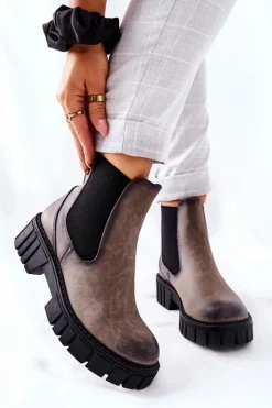 Damskie Buty Sergio Leone Botki Workery Trapery Ocieplane Sergio Leone TR761 Szare