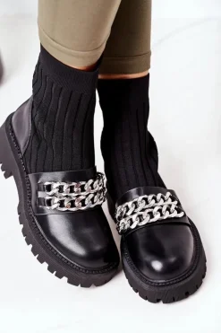 Damskie Boto Botki Workery Z Łańcuchami Czarne Walk This Way