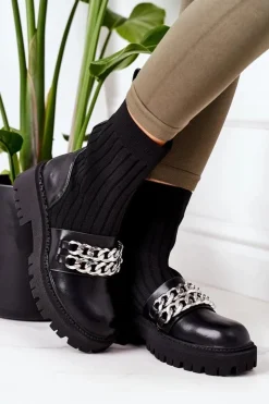 Damskie Boto Botki Workery Z Łańcuchami Czarne Walk This Way