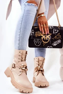 Outlet Boto Botki Workery Z Łańcuchem Beżowe Molisa