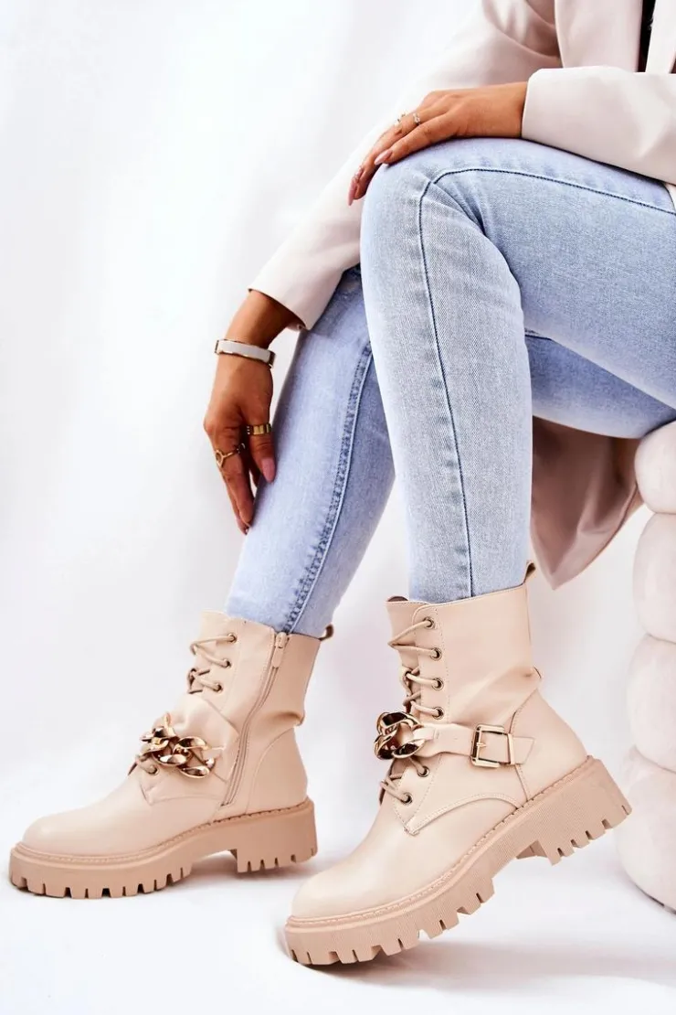 Outlet Boto Botki Workery Z Łańcuchem Beżowe Molisa