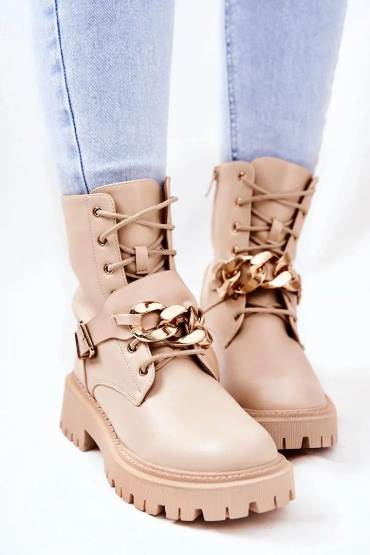 Outlet Boto Botki Workery Z Łańcuchem Beżowe Molisa