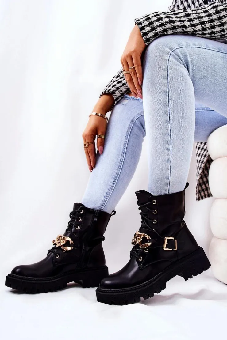 Boto Botki Sznurowane|Czarne Botki*Botki Workery Z Łańcuchem Czarne Molisa