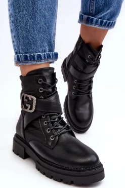 Boto Botki Workery Z Łańcuchem Skórzane Czarne Gennee