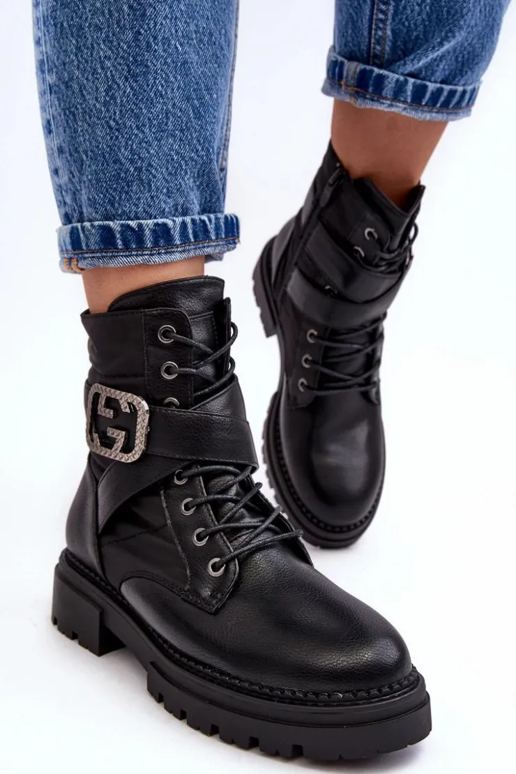 Boto Botki Workery Z Łańcuchem Skórzane Czarne Gennee