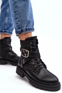 Boto Botki Workery Z Łańcuchem Skórzane Czarne Gennee
