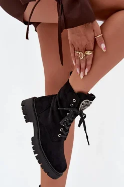 Clearance Boto Botki Workery Z Biżuteryjną Ozdobą Ocieplane Eko Zamszowe Czarne Miryssa Czarny