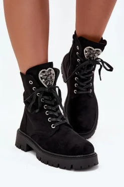 Clearance Boto Botki Workery Z Biżuteryjną Ozdobą Ocieplane Eko Zamszowe Czarne Miryssa Czarny