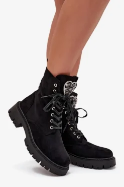 Clearance Boto Botki Workery Z Biżuteryjną Ozdobą Ocieplane Eko Zamszowe Czarne Miryssa Czarny