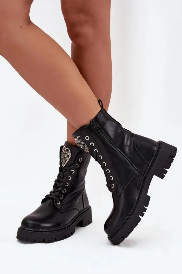 Damskie Boto Botki Workery Z Biżuteryjną Ozdobą Ocieplane Eko Skórzane Czarne Miryssa