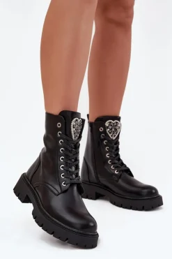 Damskie Boto Botki Workery Z Biżuteryjną Ozdobą Ocieplane Eko Skórzane Czarne Miryssa