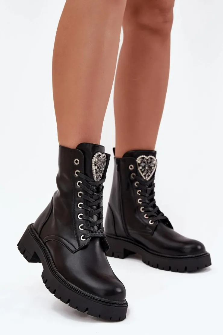Damskie Boto Botki Workery Z Biżuteryjną Ozdobą Ocieplane Eko Skórzane Czarne Miryssa