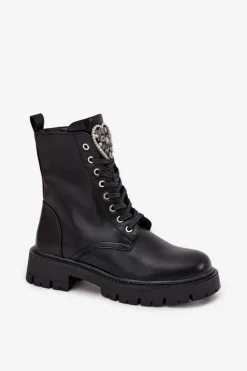 Damskie Boto Botki Workery Z Biżuteryjną Ozdobą Ocieplane Eko Skórzane Czarne Miryssa